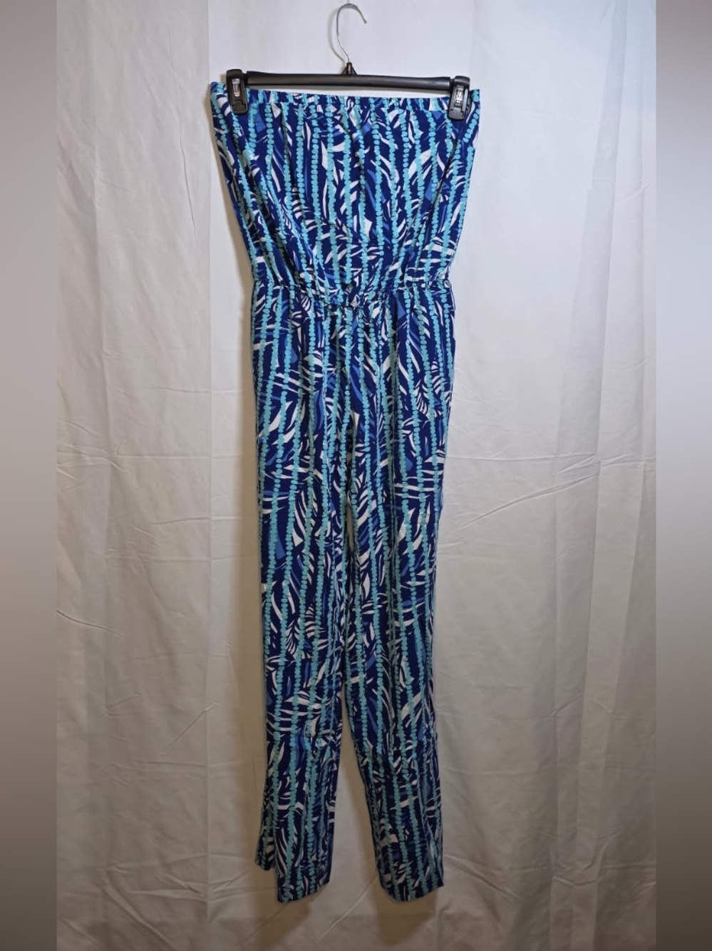 Lilly Pulitzer Navy and Aqua Strapless Patterned Jumpsuit